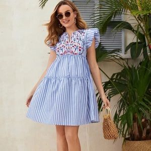 Shein vertical striped floral embroidered dress. Maternity size M